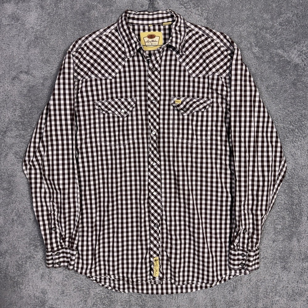 Larry Mahan Shirt Mens XL Brown Check Plaid Western Pearl Snap Diamond Saw Tooth